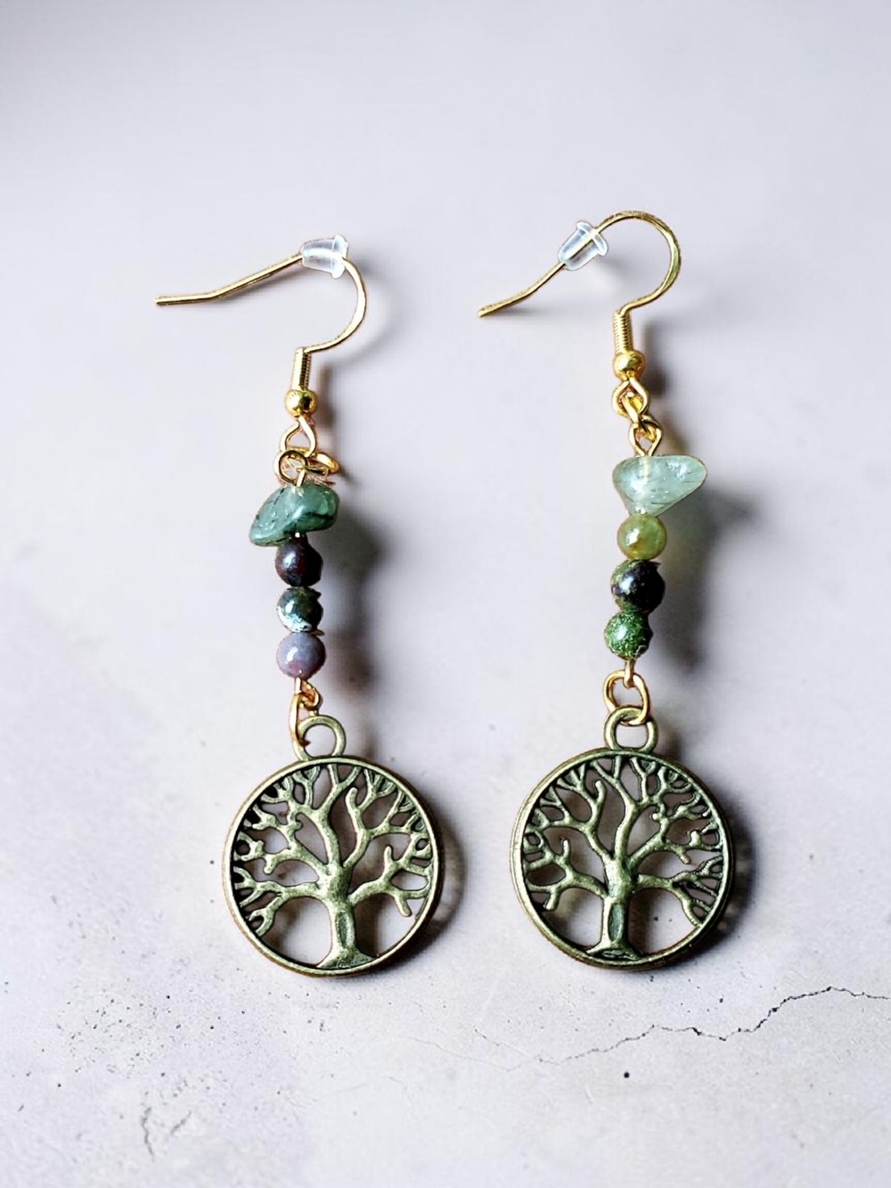 Tree of life Green Gemstone Dangle Earrings - Unbranded